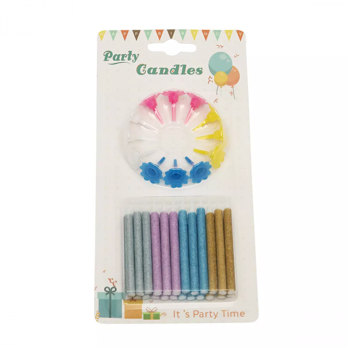 Set 24 bougies 4 couleurs glitter et 12 supports